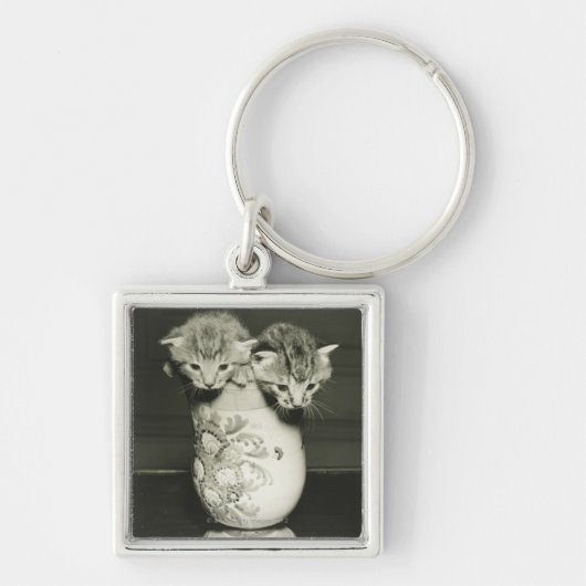 Twee kittens verstopt in vase (B&W) Sleutelhanger (Voorkant)
