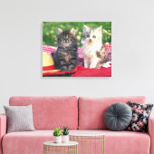 Twee Kittens zitten op een rood-gekleurde wand Canvas Afdruk (Insitu (Woonkamer))