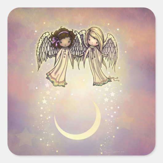 Twee kleine Angels op een Twinking Night Art Vierkante Sticker (Voorkant)