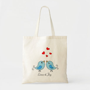 Twee kleine blauwe vogels met liefde en vreugde tote bag
