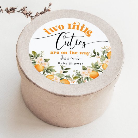 Twee kleine cuties baby shower sinaasappels ronde sticker