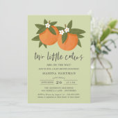 Twee Kleine Cuties Sinaasappel Twin Baby shower Gr Kaart (Staand voorkant)