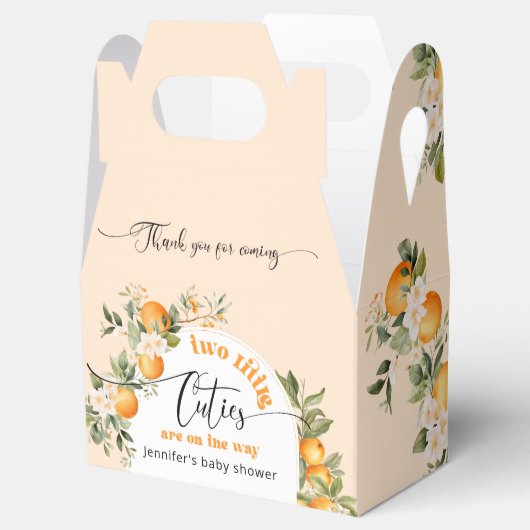 Twee kleine cuties tweeling citrus baby shower bedankdoosjes (Geopend)