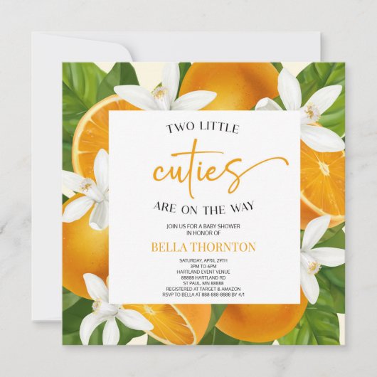Twee kleine cuties tweeling Sinaasappel Baby showe Kaart (Voorkant)