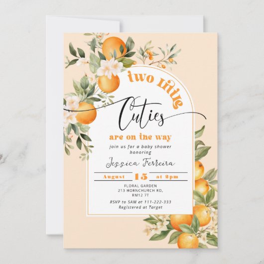 Twee kleine cuties zijn op weg tweeling baby showe kaart (Voorkant)