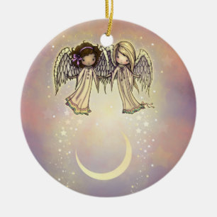Twee kleine engelen op een twinkelende nacht kunst keramisch ornament