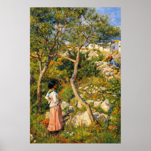 Twee kleine Italiaanse meisjes bij een dorp Poster