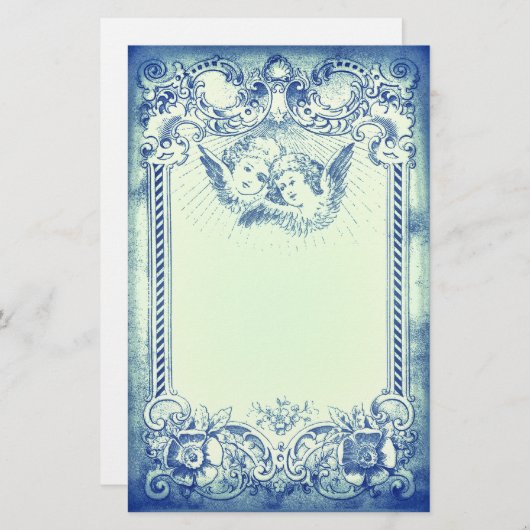 Twee kleine kerstangels met blauwe grens briefpapier (Voorkant / Achterkant)