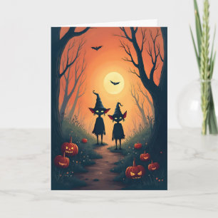 Twee Kleine Kobolden en Jack O'Lanterns Halloween Feestdagen Kaart