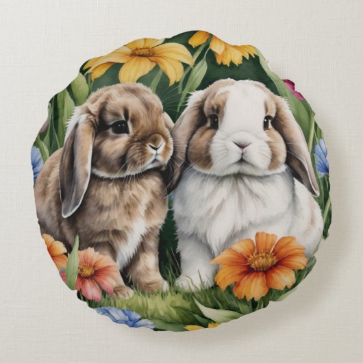 Twee kleine Lop konijntjes Rond Kussen (Achterkant)