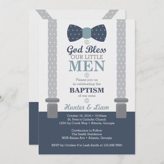 Twee kleine Mannen Baptisme-uitnodiging, blauw, gr Kaart (Voorkant / Achterkant)
