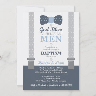 Twee kleine Mannen Baptisme-uitnodiging, blauw, gr Kaart