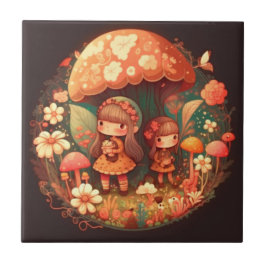 Twee kleine meisjes onder de paddenstoel bruin dec tegeltje