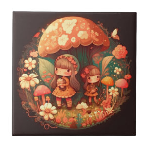 Twee kleine meisjes onder de paddenstoel bruin dec tegeltje