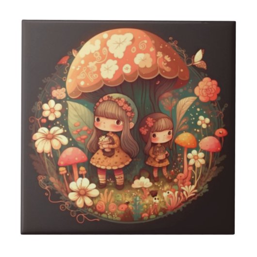 Twee kleine meisjes onder de paddenstoel bruin dec tegeltje (Voorkant)