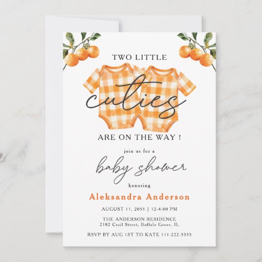 Twee Kleine Moppies Tweeling Oranje Rompertje Baby Kaart (Voorkant)