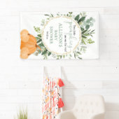 Twee kleine pompoenen met baby shower achtergrond spandoek (Insitu)