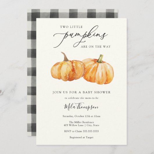 Twee kleine pompoenen met twee Baby showers uitnod Kaart (Voorkant / Achterkant)