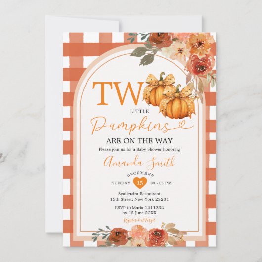 Twee kleine pompoenen Sinaasappel Gingham Baby sho Kaart (Voorkant)