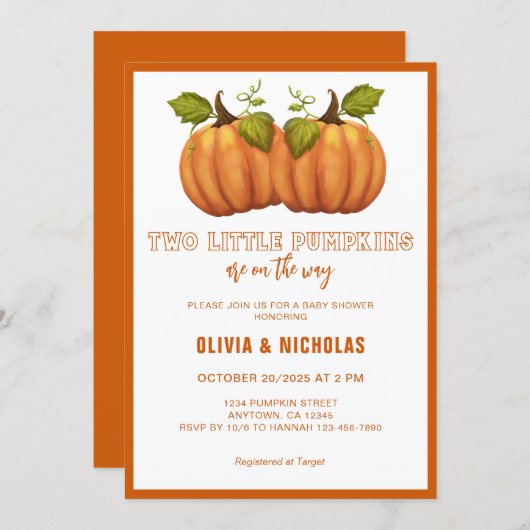Twee kleine pompoenen tweeling moderne Herfst Baby Kaart (Voorkant / Achterkant)
