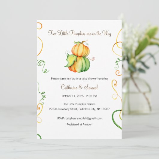 Twee kleine pompoenen zijn onderweg, Baby Kaart (Staand voorkant)