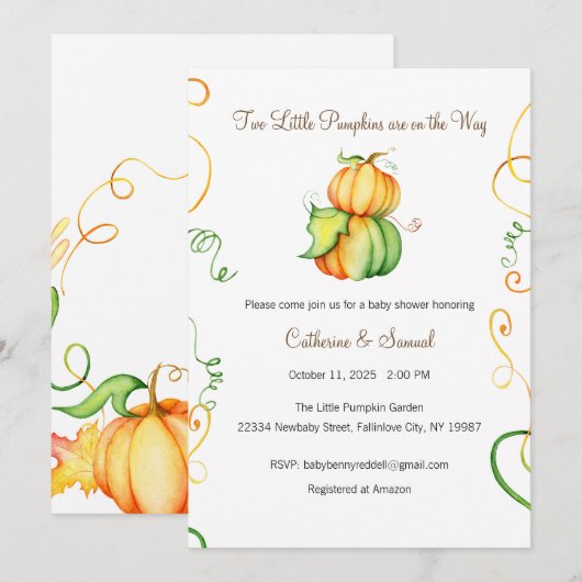 Twee kleine pompoenen zijn onderweg, Baby Kaart (Voorkant / Achterkant)