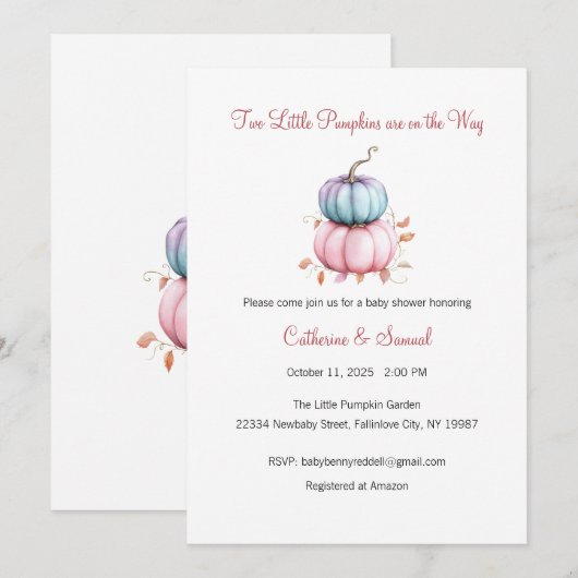 Twee kleine pompoenen zijn onderweg, Baby Kaart (Voorkant / Achterkant)