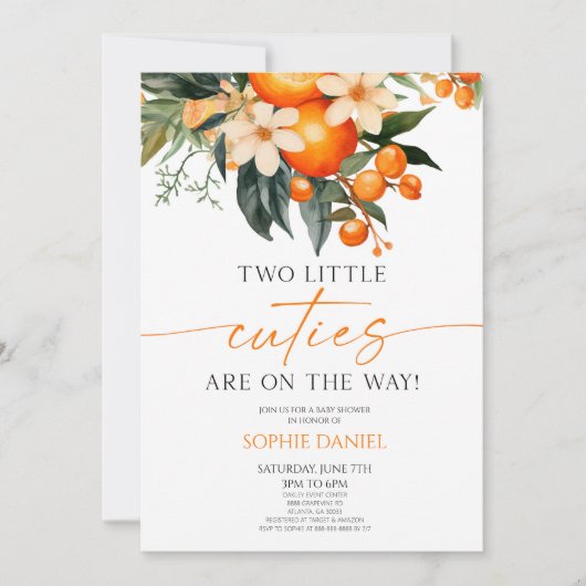 Twee kleine schatjes Sinaasappel Floral Twins Baby Kaart (Voorkant)