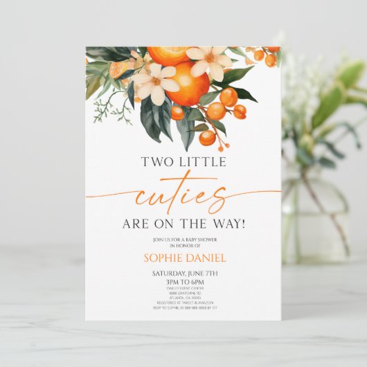 Twee kleine schatjes Sinaasappel Floral Twins Baby Kaart (Staand voorkant)