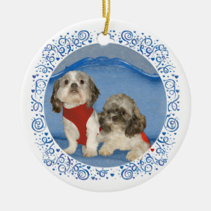 Twee Kleine Shih Tzu Reddingshondjes Keramisch Ornament