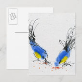 Twee kleine titmouses die graan pikken. Calligrafi Briefkaart (Voorkant / Achterkant)