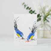 Twee kleine titmouses die graan pikken. Calligrafi Briefkaart (Staand voorkant)