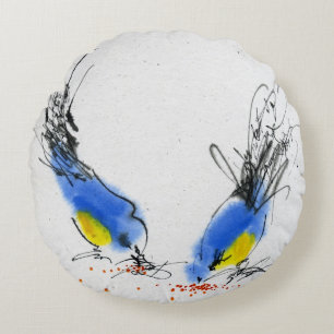 Twee kleine titmouses die graan pikken. Calligrafi Rond Kussen