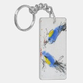 Twee kleine titmouses die graan pikken. Calligrafi Sleutelhanger (Voorkant Links)