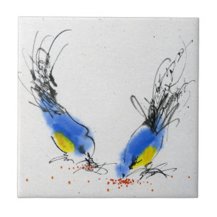 Twee kleine titmouses die graan pikken. Calligrafi Tegeltje