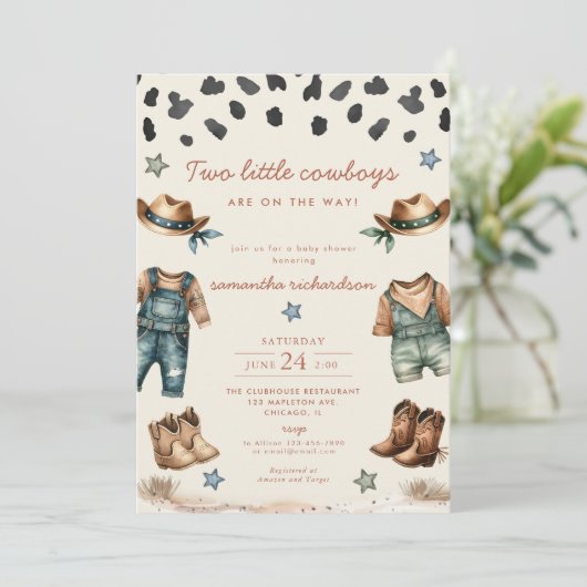 Twee kleine tweeling cowboys op de weg jongen baby kaart (Staand voorkant)