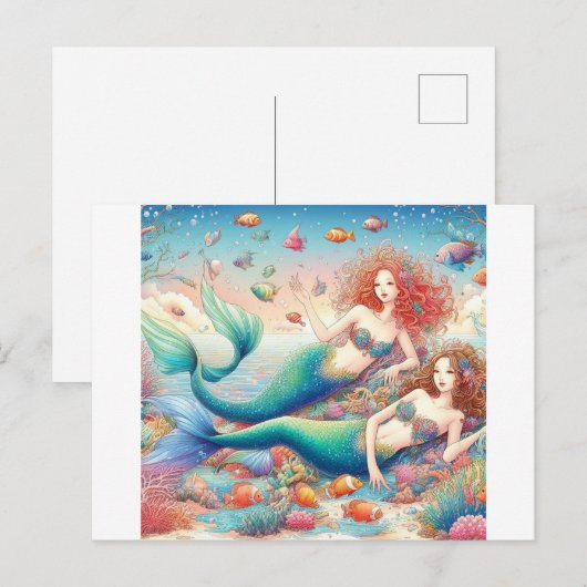 Twee kleurrijke en mooie Zeemeermin Twins Briefkaart (Voorkant / Achterkant)