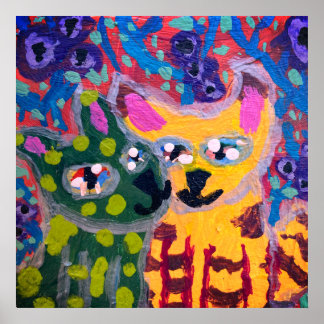 twee kleurrijke katten die voor bloemen kussen poster