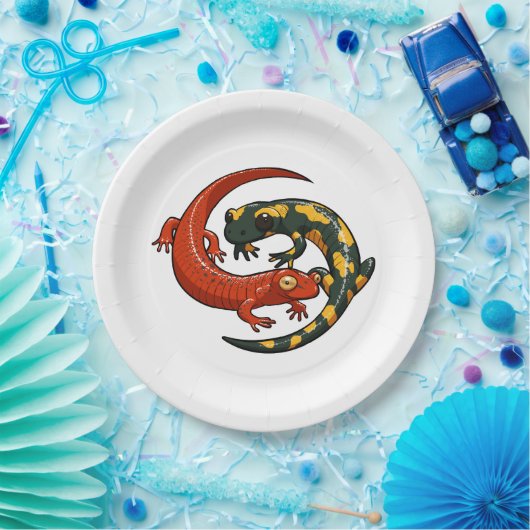 Twee kleurrijke lachende salamanders verstrengelde papieren bordje (Feest)