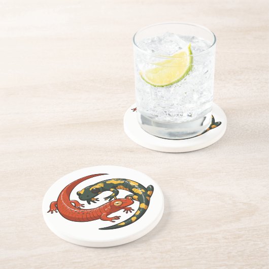 Twee kleurrijke lachende salamanders verstrengelde zandsteen onderzetter (Zijkant)