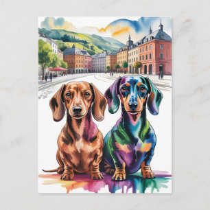 Twee kleurrijke takshonden op een Europees stadspl Briefkaart