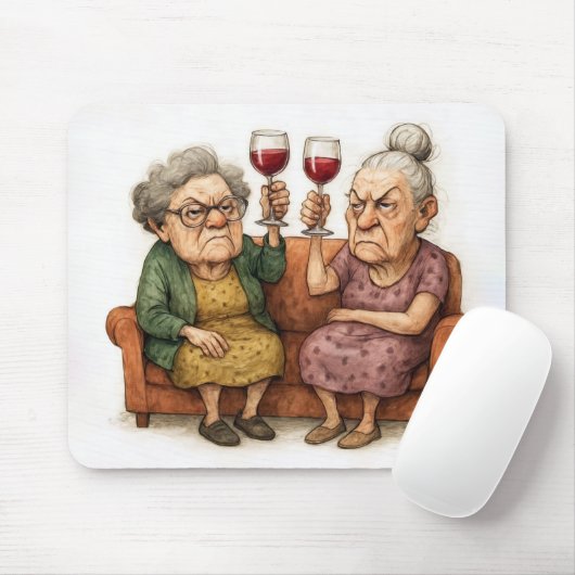 Twee knorrige oude dames met rode wijn muismat (Met muis)