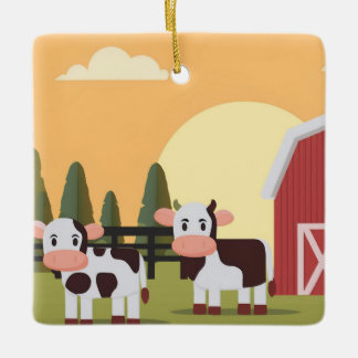Twee koeien en een rode schuur bij zonsondergang K Keramisch Ornament