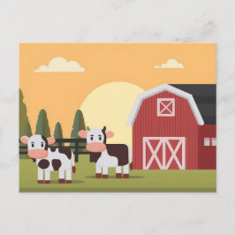 Twee koeien en een rode schuur bij zonsopgang briefkaart