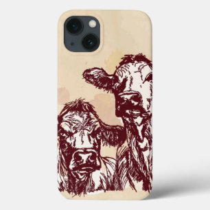 Twee koeien trekken schets en waterverf vintage iPhone 13 hoesje