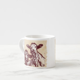 Twee koeien trekken schets en waterverf vintage espresso kop