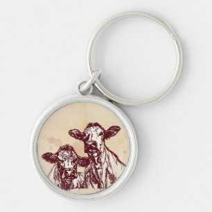 Twee koeien trekken schets en waterverf vintage sleutelhanger