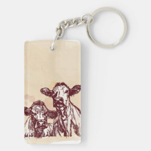 Twee koeien trekken schets en waterverf vintage sleutelhanger
