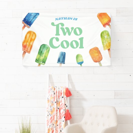 Twee koele blauwe retro ijslolly 2de verjaardagsfe spandoek (Insitu)