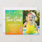 Twee koele neon zwembadfeest uitnodiging met foto (Voorkant)